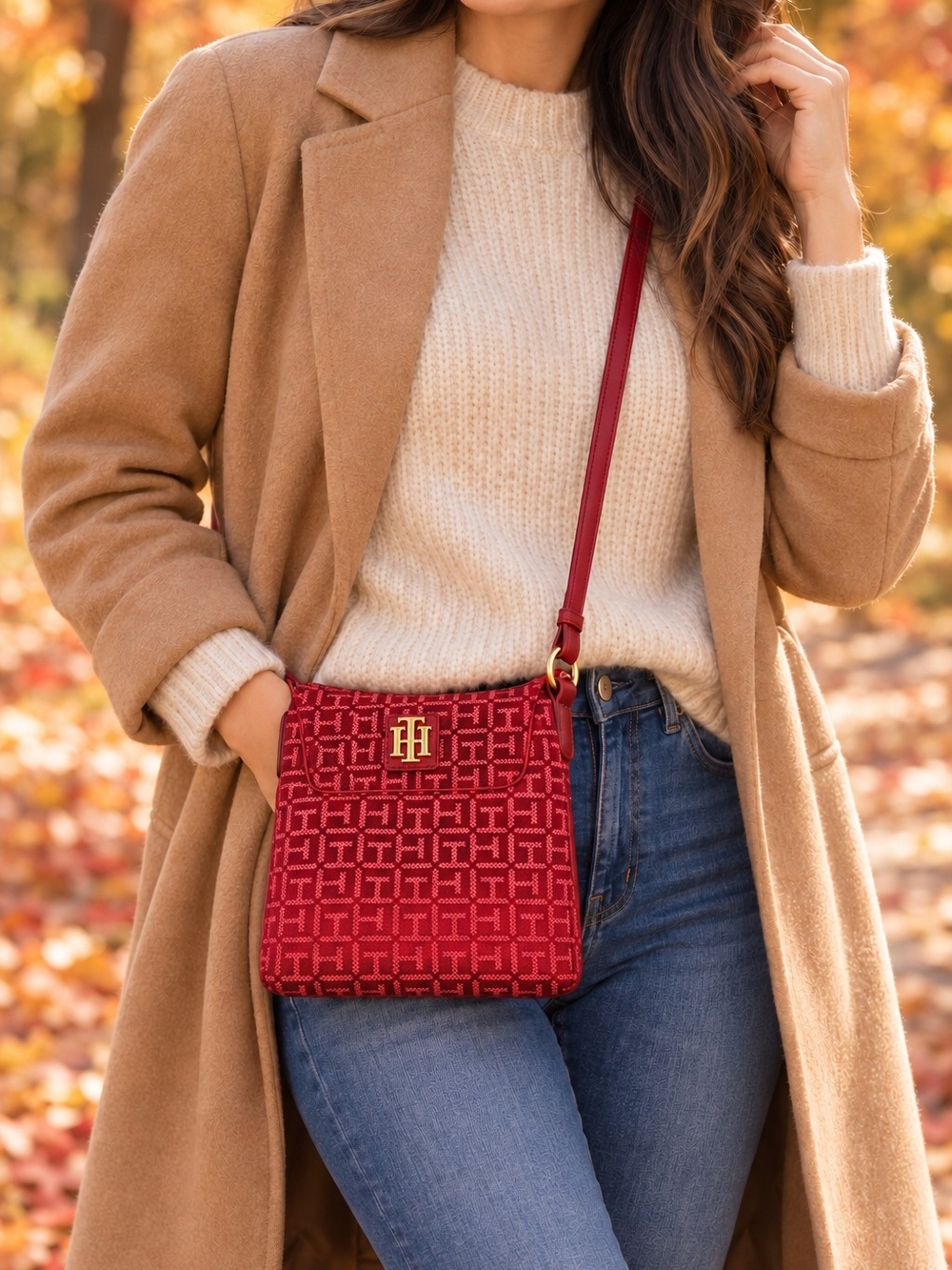 Tommy Hilfiger Burgundy Signature Crossbody Bag with Gold TH Logo